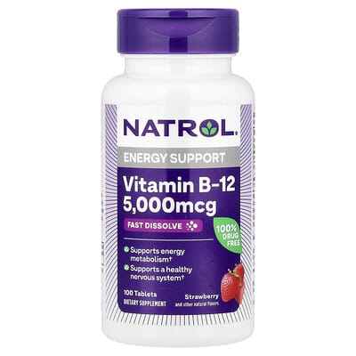 Витамин B-12, быстрорастворимый, клубничный, 5,000 mcg, 100 таблеток