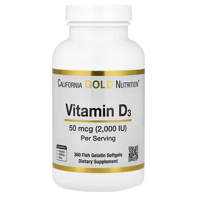 Витамин D3, 50 mcg (2,000 IU), 360 рыбных желатиновых капсул