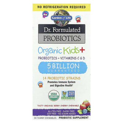 Dr. Formulated пробиотики, органические детские пробиотики + витамины C и D, ягоды и вишня, 30 жевательных капсул