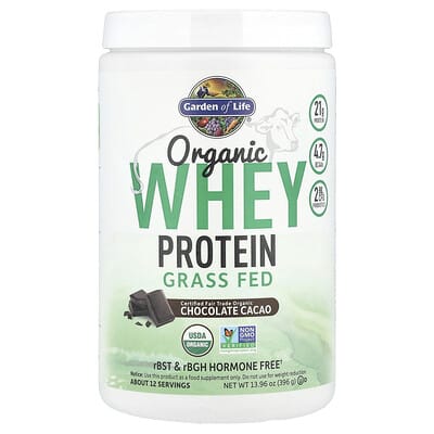 Organic Whey Protein, Grass-Fed, Chocolate Cacao, 13.96 oz (396 g)