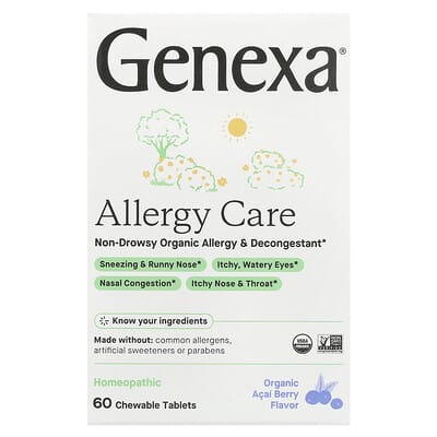 Allergy Care, Non-Drowsy Organic Allergy & Decongestant, Organic Acai Berry , 60 Chewable Tablets
