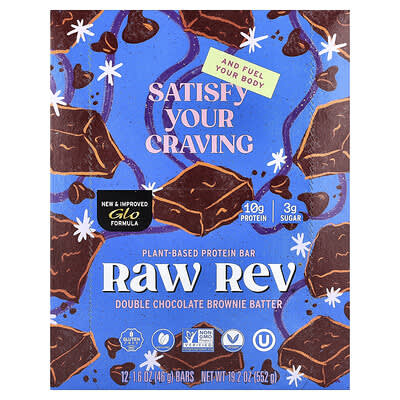 Raw Rev протеиновый батончик Plant-Based, Double Chocolate Brownie Batter, 12 шт.