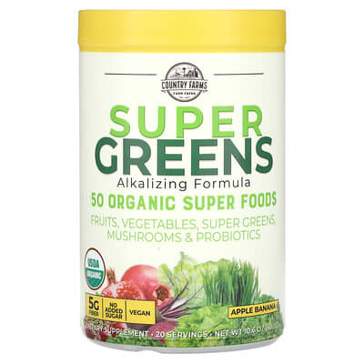 Country Farms Super Greens ощелачивающая формула, яблоко-банан, 10.6 oz (300 g)