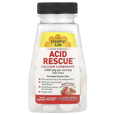 Country Life Acid Rescue™ Calcium Carbonate Berry 60 жевательных таблеток