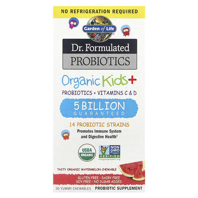 Dr. Formulated пробиотики, органические детские пробиотики + витамины C и D, вкус арбуза, 30 жевательных конфет