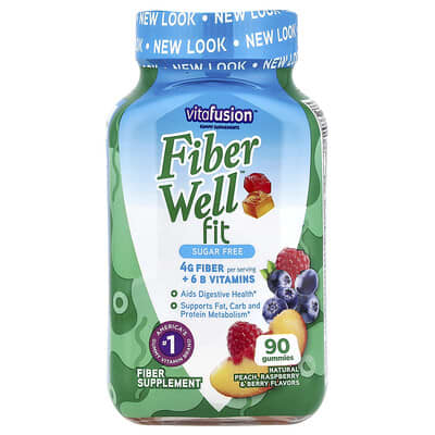 FiberWell™ Fit витамины, без сахара, натуральный персик, малина и ягоды, 90 мармеладок