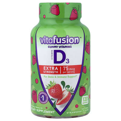 Gummy Vitamins, Vitamin D3, Natural Strawberry, 75 mcg, 120 Gummies (37.5 mcg per Gummy)