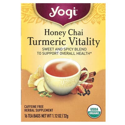 Turmeric Vitality, Honey Chai, без кофеина, 16 чайных пакетиков, 1.12 oz (32 g)
