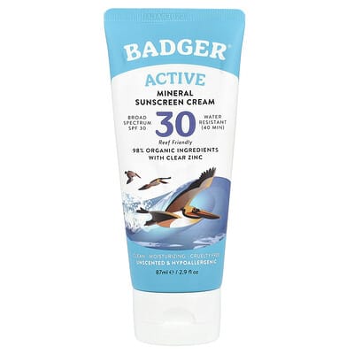 Солнцезащитный крем Badger Active, Mineral Sunscreen Cream, SPF 30, Unscented, 2.9 fl oz (87 ml)