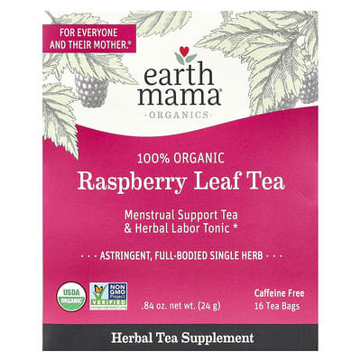 Organics, 100% Organic Raspberry Leaf Tea, Caffeine Free, 16 Tea Bags, 0.84 oz (24 g)