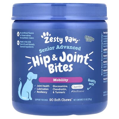 Zesty Paws лакомства для пожилых собак, поддержка суставов и бедер, курица, 90 мягких жевательных таблеток, 11.1 oz (315 g)