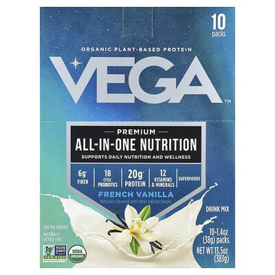 Органический растительный протеин Vega Premium All-In-One Nutrition, French Vanilla, 10 упаковок по 1.4 oz (38 g)