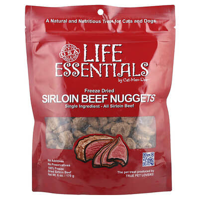Cat-Man-Doo Life Essentials, сушеные кусочки говяжьей вырезки для кошек и собак, 6 oz (170 g)