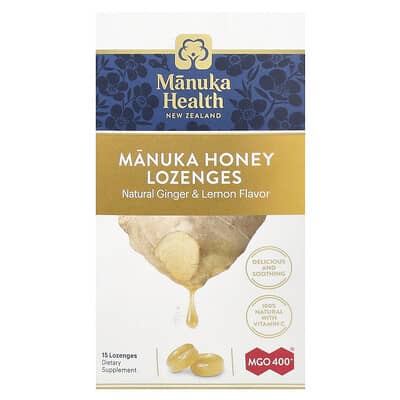 Manuka Honey Lozenges, Natural Ginger & Lemon, MGO 400+, 15 Lozenges
