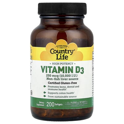 Vitamin D3, High Potency , 250 mcg (10,000 IU), 200 Softgels