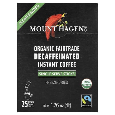 Органический растворимый кофе Fairtrade, без кофеина, 25 порционных стиков, 1.76 oz (50 g)