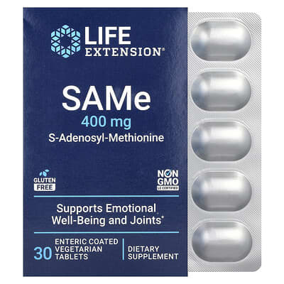 SAMe, S-Adenosyl-Methionine, 400 mg, 30 вегетарианских таблеток в кишечнорастворимой оболочке