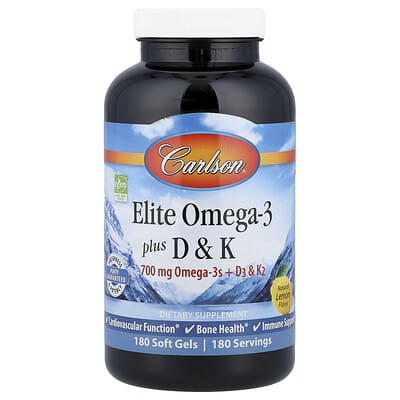 Elite Omega-3 Plus D & K, Natural Lemon, 180 мягких капсул