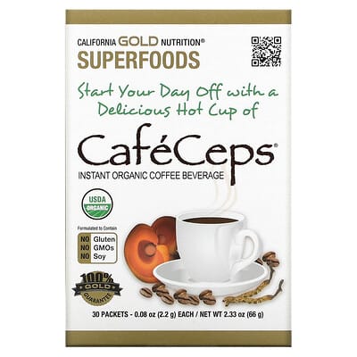 California Gold Nutrition CafeCeps®, Certified Organic Instant Coffee with Cordyceps, and Reishi Mushroom Powder, 30 Packets, 0.08 oz (2.2 g) Each растворимый кофе с кордицепсом и грибом рейши