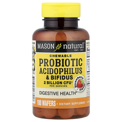 Жевучие пробиотики Mason Natural Acidophilus & Bifidus, Strawberry, 100 вафель (34 mg на вафлю)