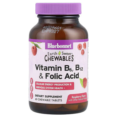 Earth Sweet® Chewables, Vitamin B6, B12 & Folic Acid, Raspberry, 60 Chewable Tablets