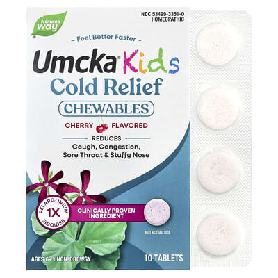 Umcka® Детский, жевательные таблетки от простуды, без сонливости, Вишня, 10 таблеток