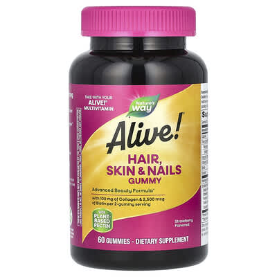 Alive!® Gummies для волос, кожи и ногтей, клубника, 60 штук