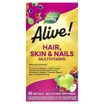 Alive!® Мультивитамины для волос, кожи и ногтей, клубника, 60 мягких капсул
