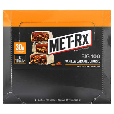 MET-Rx Батончик для замены пищи Big 100, Vanilla Caramel Churro, 9 шт., 3.52 oz (100 g) каждый