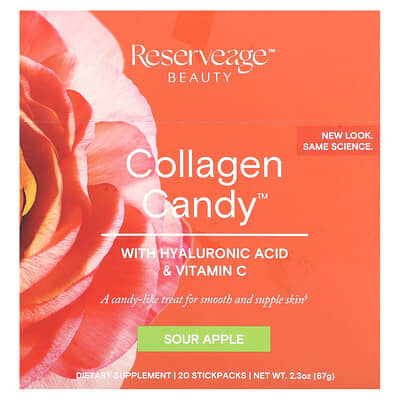 Collagen Candy™, с гиалуроновой кислотой и витамином C, Sour Apple, 20 стикпаков, 0.1 oz (3.35 g) каждый