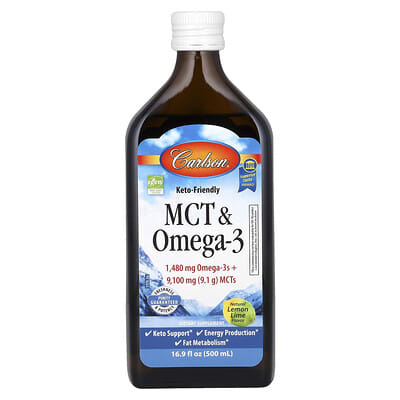 Carlson MCT & Omega-3, Keto Friendly, натуральный лимонно-лаймовый вкус, 16.9 fl oz (500 ml)