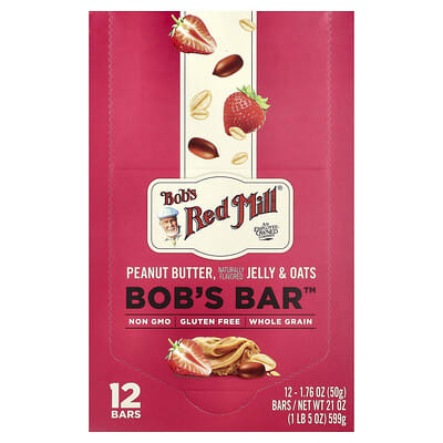 Bob's Bar™, арахисовое масло, джем и овсянка, 12 батончиков, 1.76 oz (50 g) каждый