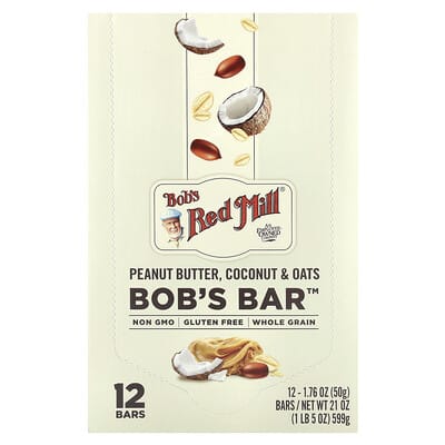Bob's Red Mill Bob's Bar™, арахисовое масло, кокос и овес, 12 батончиков, 50 g каждый