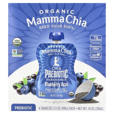 Mamma Chia Organic Chia Prebiotic Squeeze Snack, Blueberry Acai, 4 шт, 3.5 oz (99 g) Each