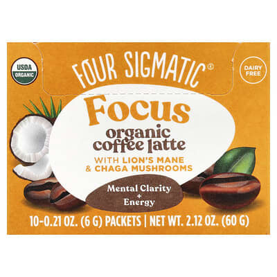 Four Sigmatic Focus органический кофейный латте с грибами Lion's Mane и Chaga, 10 пакетиков, 0.21 oz (6 g) каждый