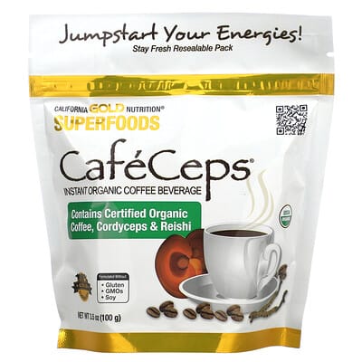 CafeCeps®, Certified Organic Instant Coffee with Full-Spectrum, Organic Cordyceps and Reishi Mushroom Powder, 3.5 oz (100 g)