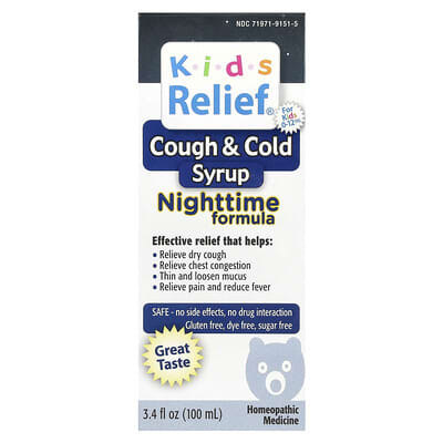 Детский Relief, Cough & Cold Syrup, Nighttime Formula, For Kids 0-12 Yrs, 3.4 fl oz (100 ml)