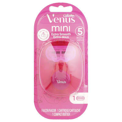 Venus, Мини бритва, Extra Smooth, 1 бритва, 1 картридж, 1 компактный футляр