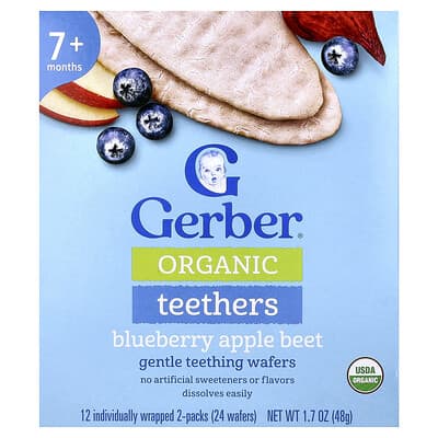 Organic Teethers, Gentle Teething Wafers, 7+ Months, Blueberry Apple Beet, 12 Individually Wrapped 2-Packs, 0.14 oz (4 g) Each