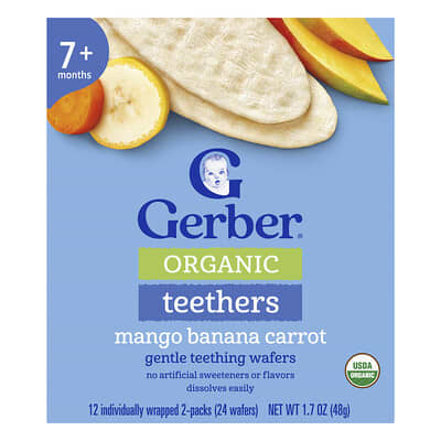 Organic Teethers, Gentle Teething Wafers, 7+ Months, Mango Banana Carrot, 12 индивидуальных упаковок по 2 шт., 0.14 oz (4 g) каждая