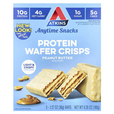 Anytime Snacks, Protein Wafer Crisps, Peanut Butter, 5 Bars, 1.27 oz (36 g) Each