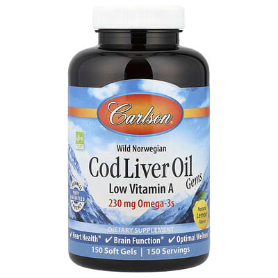 Carlson Cod Liver Oil Gems, низкое содержание витамина A, натуральный лимон, 150 мягких капсул