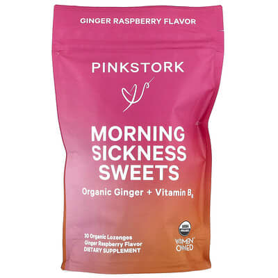 Pink Stork леденцы от утренней тошноты, имбирь-малина, 30 органических пастилок