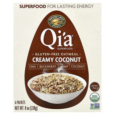 Organic Qi'a® суперфуд овсянка без глютена, с кокосом, 6 пакетиков, 38 g каждый