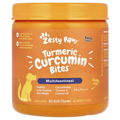 Zesty Paws Turmeric Curcumin Bites™ для собак, многофункциональные, для всех возрастов, со вкусом бекона, 90 мягких жевательных таблеток, 11.1 oz (315 g)