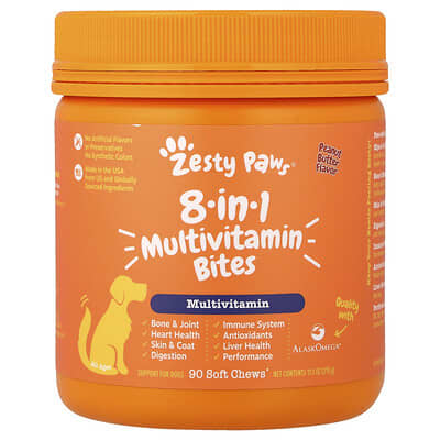 Zesty Paws 8-in-1 мультивитамины для собак, арахисовое масло, 90 мягких жевательных таблеток, 11.1 oz (315 g)