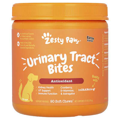 Лакомства для собак Zesty Paws Urinary Tract Bites, со вкусом бекона, 90 мягких жевательных таблеток, 11.1 oz (315 g)