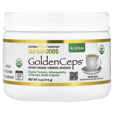 California Gold Nutrition Superfoods, GoldenCeps®, Organic Turmeric с Ashwagandha, Cordyceps и Reishi, 4 oz (114 g)