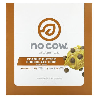 No Cow протеиновый батончик, арахисовая паста и шоколадная крошка, 12 шт, 2.12 oz (60 g) каждый