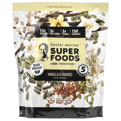 Протеиновый порошок Super Foods, 3 семени, тыква + лен + подсолнечник, ваниль, 2 lb (908 g)